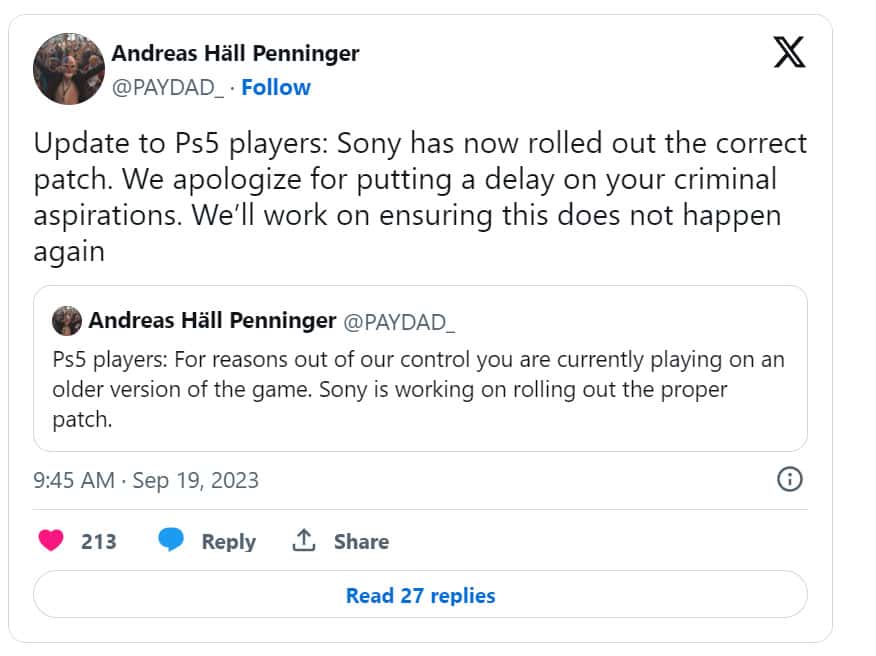A tweet about Payday 3 being fixed for PS4 players after an older version was uploaded to Sony's servers.