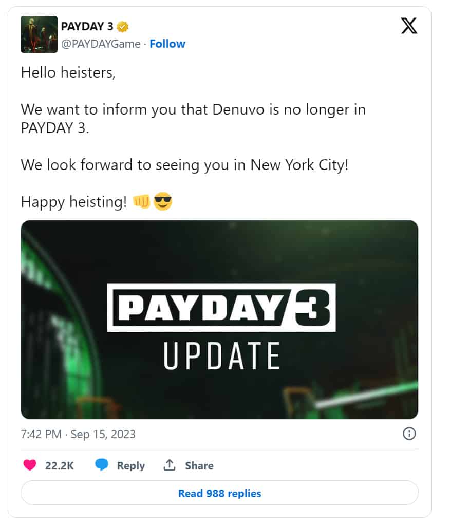A twitter page providing updates on Payday 3.