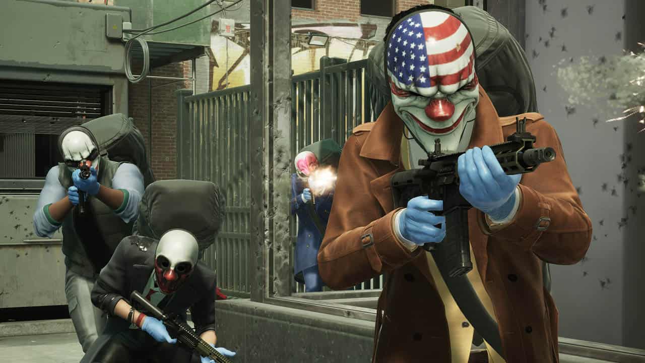A group of people with guns and masks in the fixed Payday 3 video game on PS5.