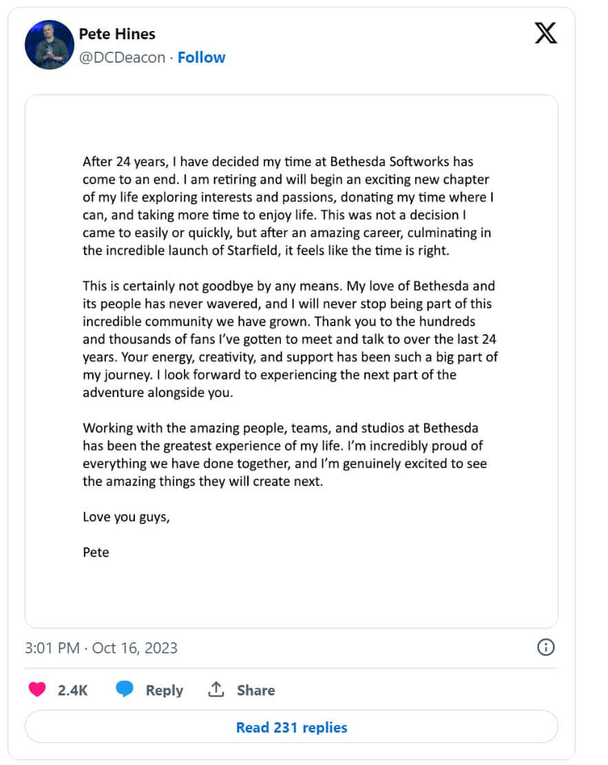 A screenshot of a tweet announcing Pete Hines' retirement.