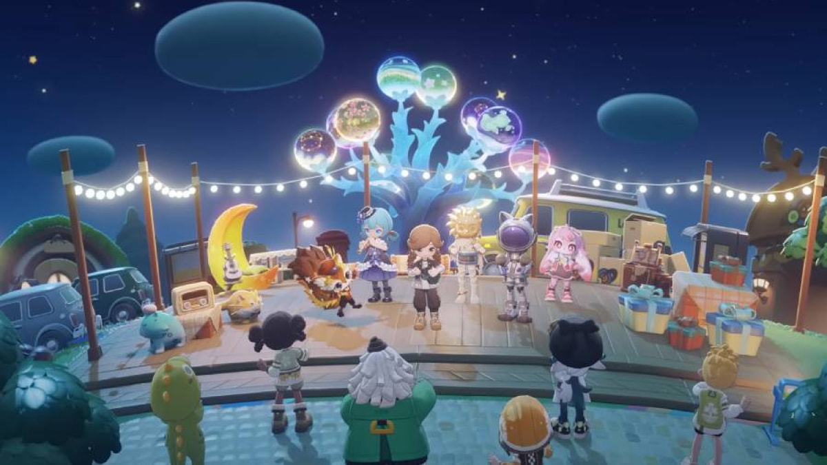 Characters and creatures enjoying a lively stage performance under glowing lights at night