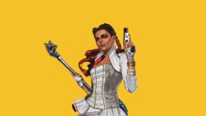 A woman holding a gun on a yellow Apex Legends laptop background.