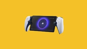 A yellow background with the new PlayStation Portal handheld controller