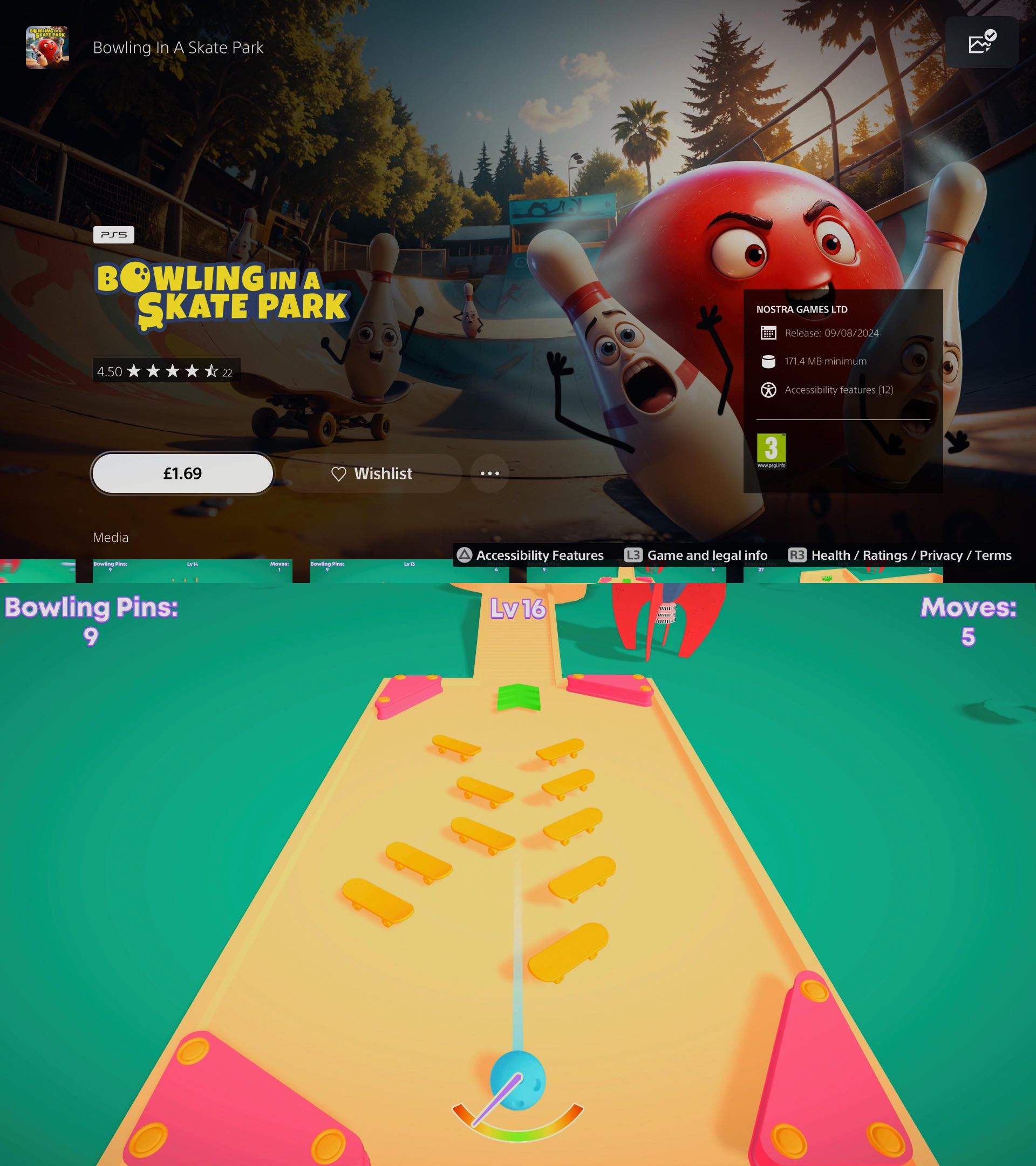 A PlayStation Store screenshot of low-quality game "Bowling in a Skate Park"