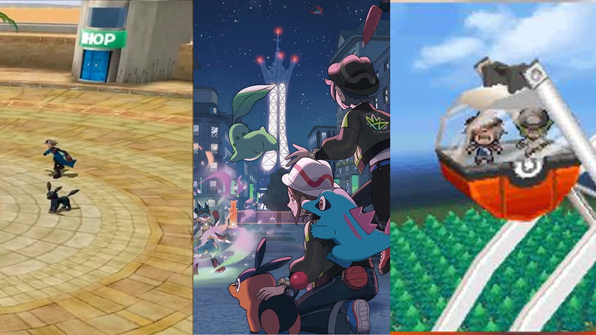 Scenes from Pokémon Colosseum, Pokémon Black and White, and Pokémon Black 2 and White 2 showing iconic moments and battles