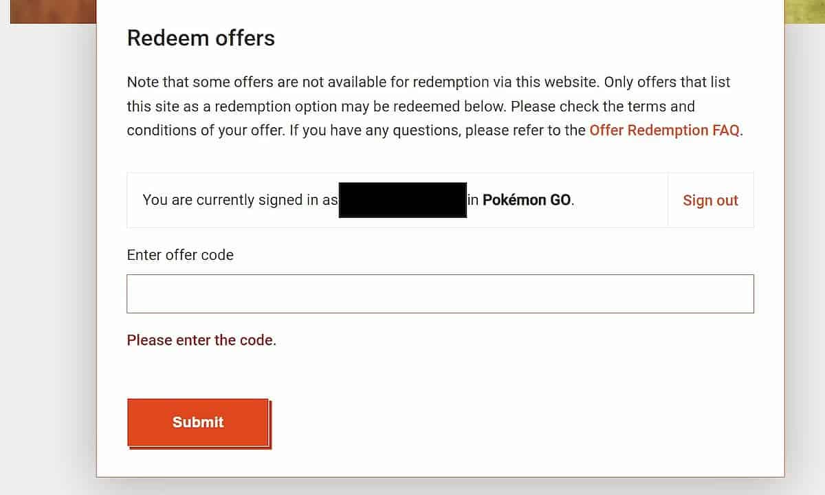 Pokémon Go codes: code redemption page screenshot
