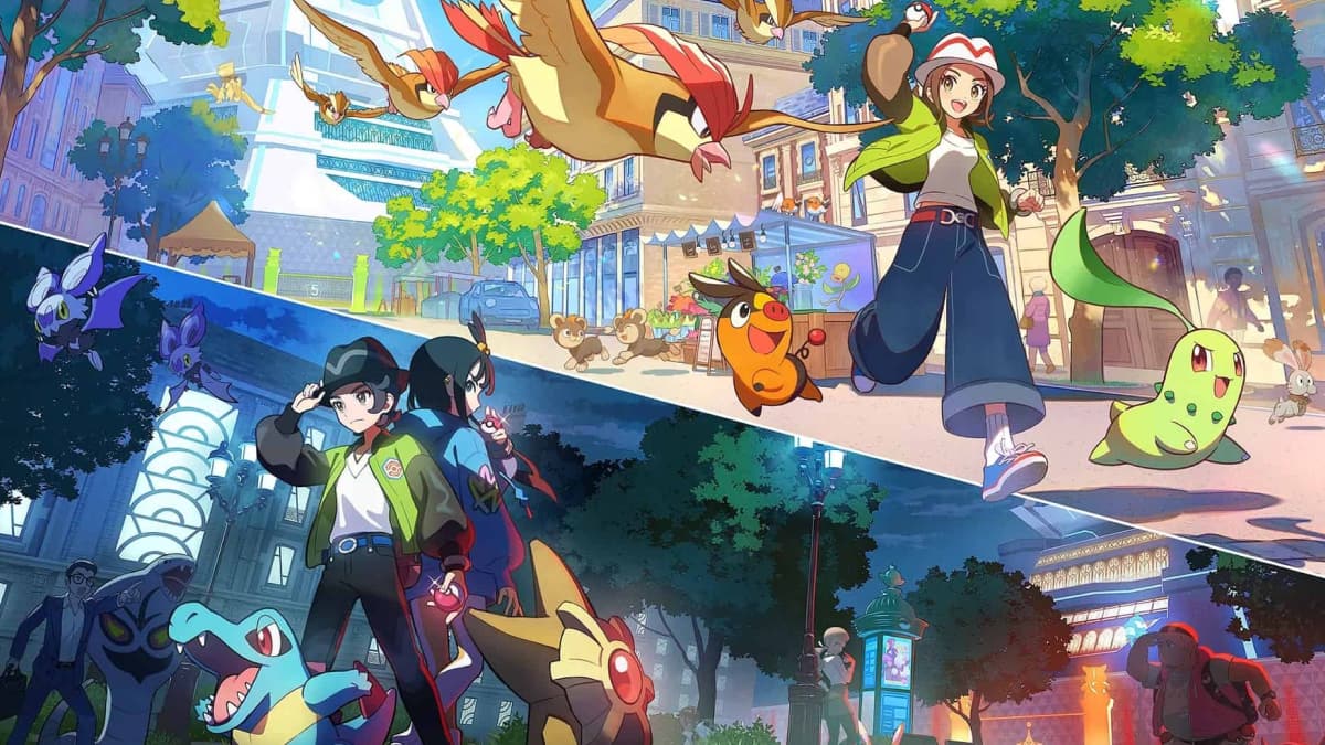 Trainers and Pokémon explore Lumiose City by day and night in a vibrant scene from Pokémon Legends Z-A