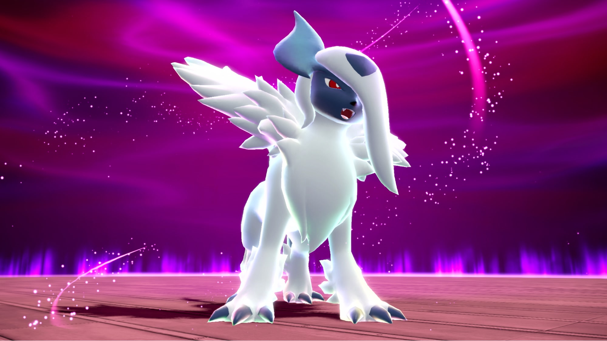 Mega Absol glows with radiant white wings and a fierce expression during its Mega Evolution transformation in Pokémon.