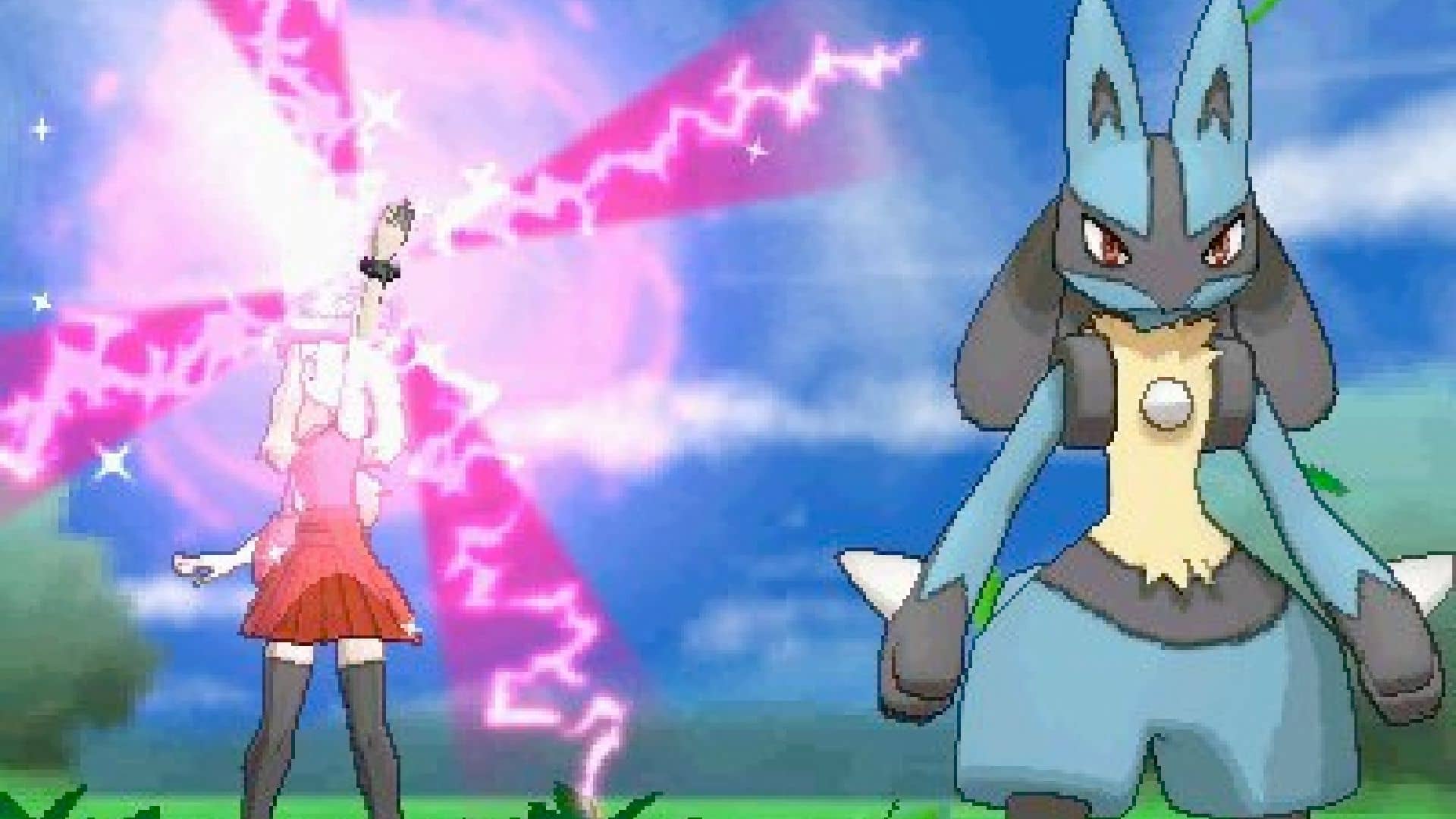 A Pokémon Trainer activates Mega Evolution as Lucario prepares to transform with pink energy glowing in the background.
