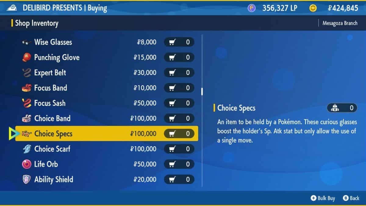 A screenshot of a screen displaying the various items available in the game, including the sought-after choice specs.
