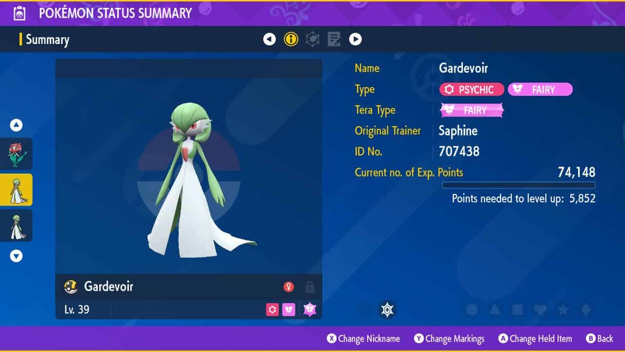 A screenshot of a Pokémon game featuring a woman dressed in a white dress, exploring the best nature for Ralts in Pokémon Scarlet and Violet.