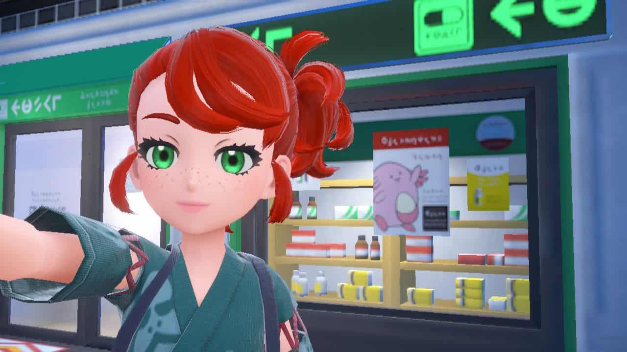 A girl with red hair, Pikachu by her side, is standing in front of a store selling Pokemon Scarlet and Violet Vitamins.