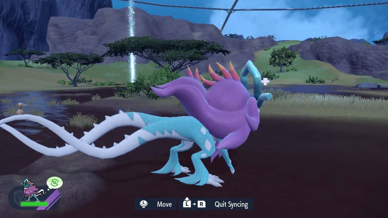 A blue and purple dragon in a video game, considered the best pokemon to synchronize.