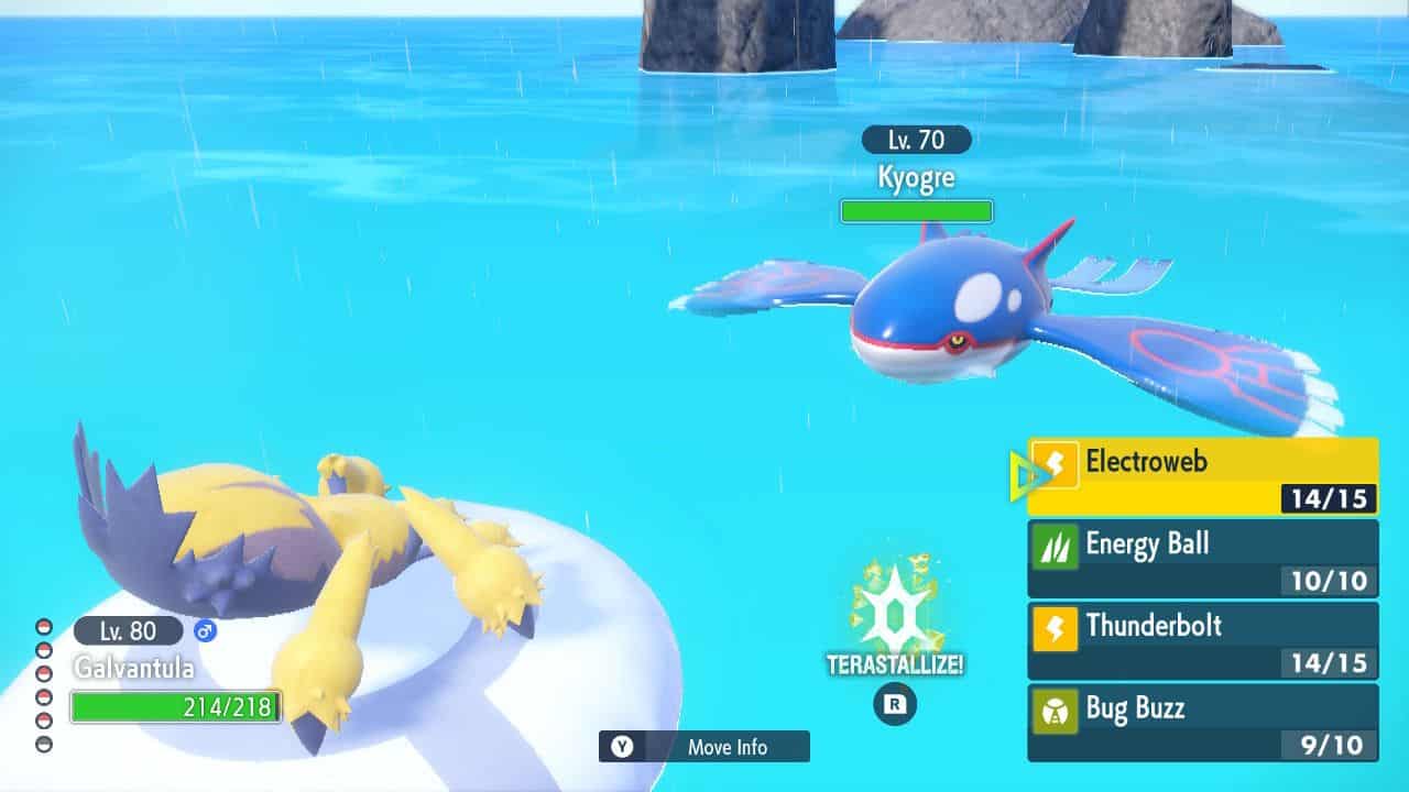 Pokemon-Scarlet-Violet-Indigo-Disk-Catch-Kyogre-Player-Battling-Kyogre