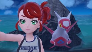 Pokemon-Scarlet-Violet-Indigo-Disk-Catch-Latias-Legendary-Pokemon-Floating-Near-Rock