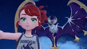 Pokemon-Scarlet-Violet-Indigo-Disk-Catch-Lunala-Player-With-Lunala-On-Cliffs