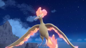 Pokemon-Scarlet-Violet-Indigo-Disk-Catch-Moltres-Legendary-Pokemon-Flying-Over-Cliffs