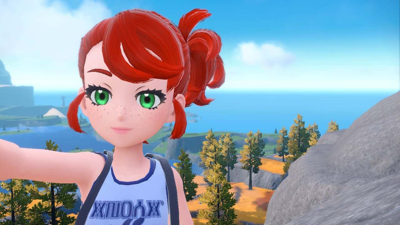 A cartoon girl with red hair is taking a picture while learning how to catch Necrozma.