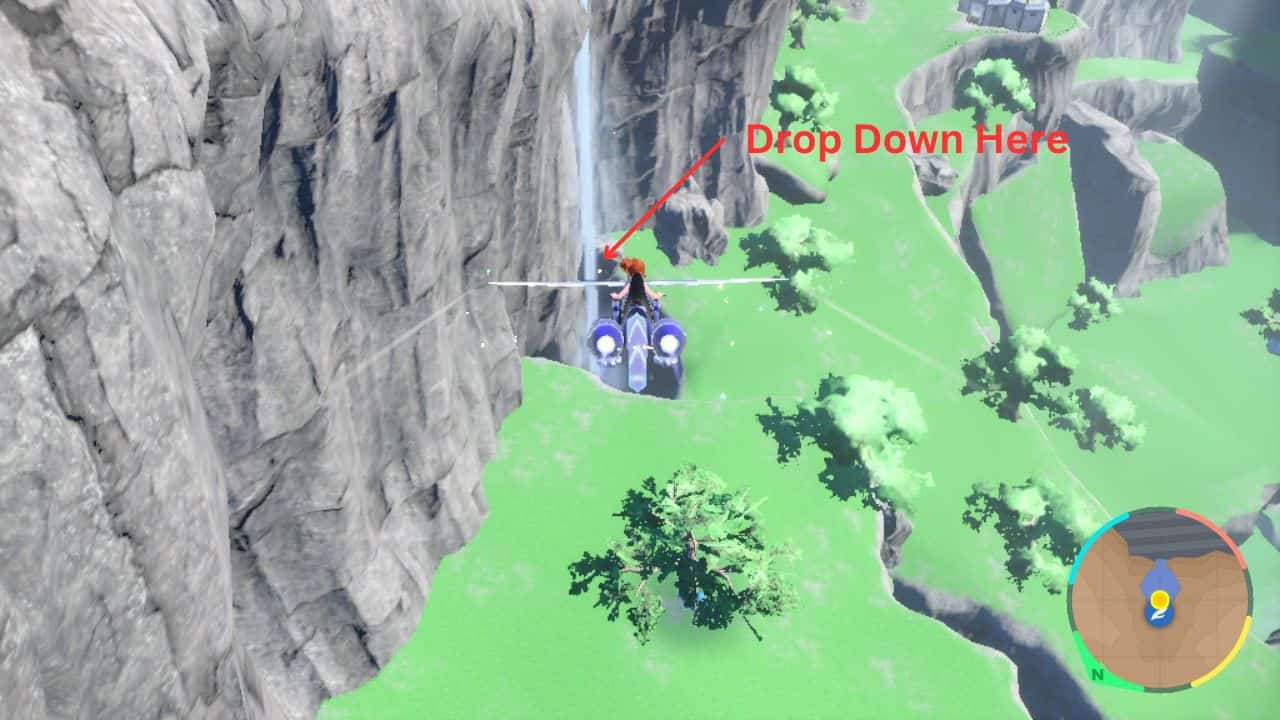 Pokemon-Scarlet-Violet-Indigo-Disk-Catch-Raging-Bolt-Area-Zero-Location-Player-Flying-Torward-Waterfall