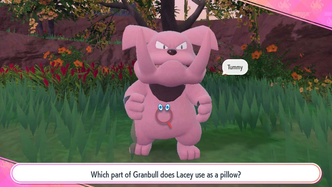 Pokemon-Scarlet-Violet-Lacey-Elite-Trial-Granbull-In-Field-With-Question-Bar