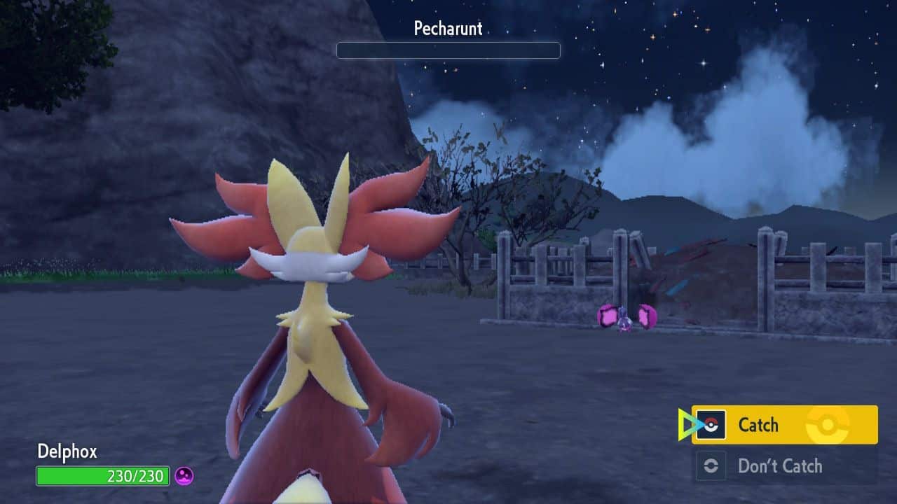 A screenshot of a Pecharunt character standing in a field.