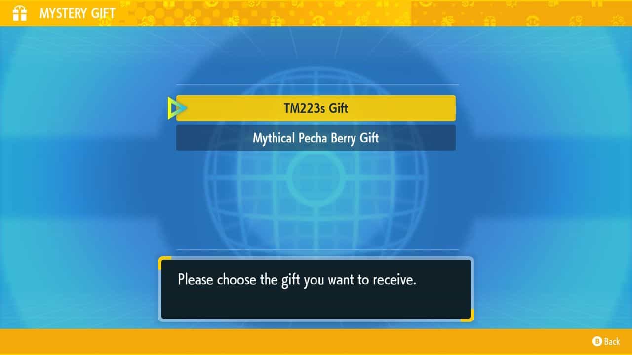 A screenshot of a game featuring a mystery gift and the steps to obtain the TM223 Gift.