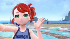 Pokemon Scarlet and Violet get it to rain: Player taking a selfie in the rain outside of Naranja Academy
