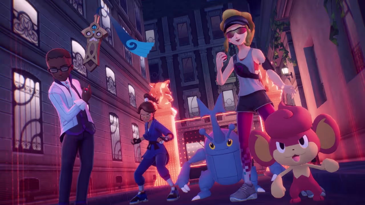 Several trainers pose with their Pokémon, including Heracross, Pansear, and Honedge, in a neon-lit city alley from the Pokémon Scarlet and Violet: The Indigo Disk DLC.