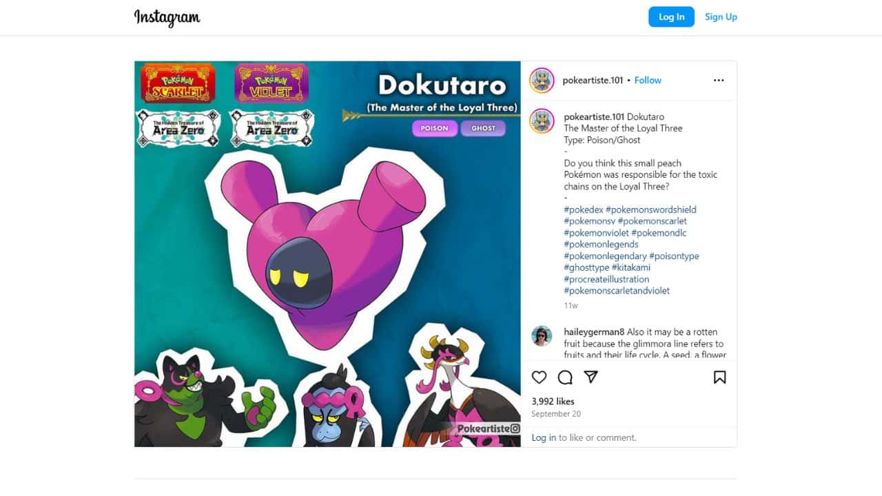 A screenshot of the Instagram page featuring dokuro and potential information on "Pokemon Indigo Disk".