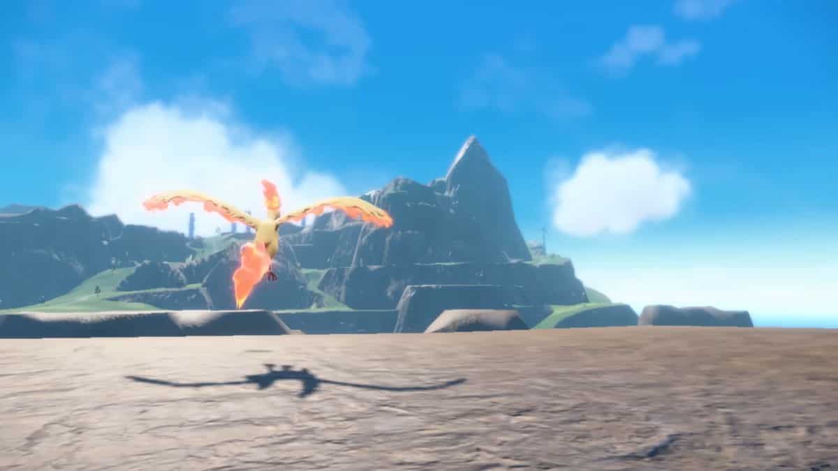 A screenshot of a legendary dragon flying majestically over a towering mountain peak.
