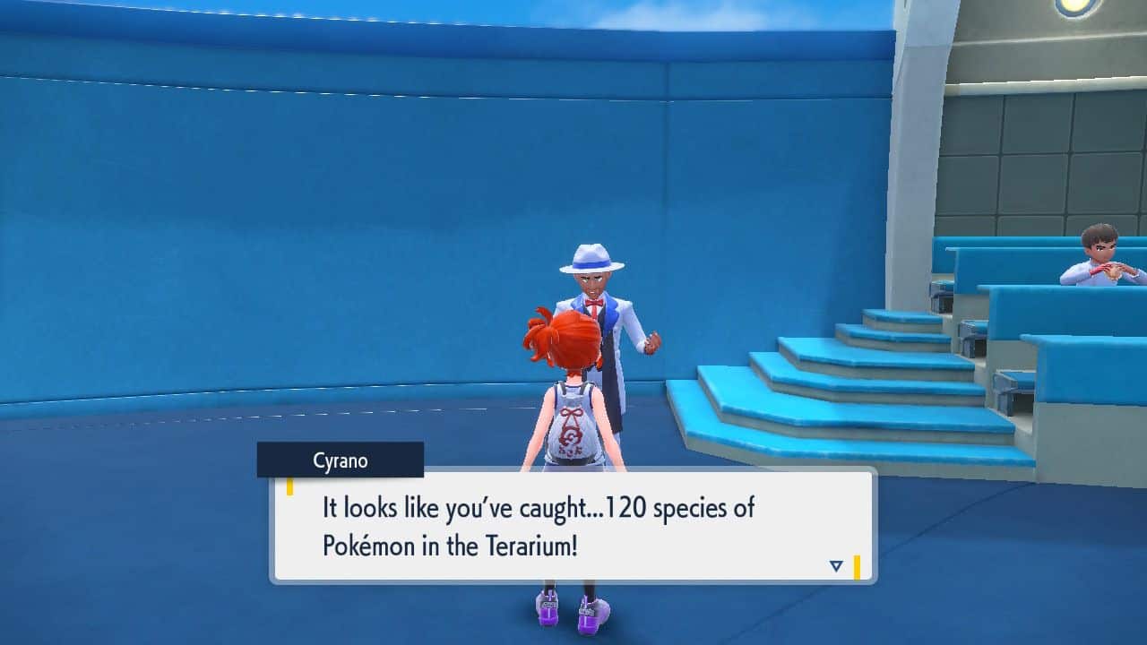 Pokemon-Scarlet-and-Violet-Indigo-Disk-Mark-Charm-Player-Talking-to-Cyrano