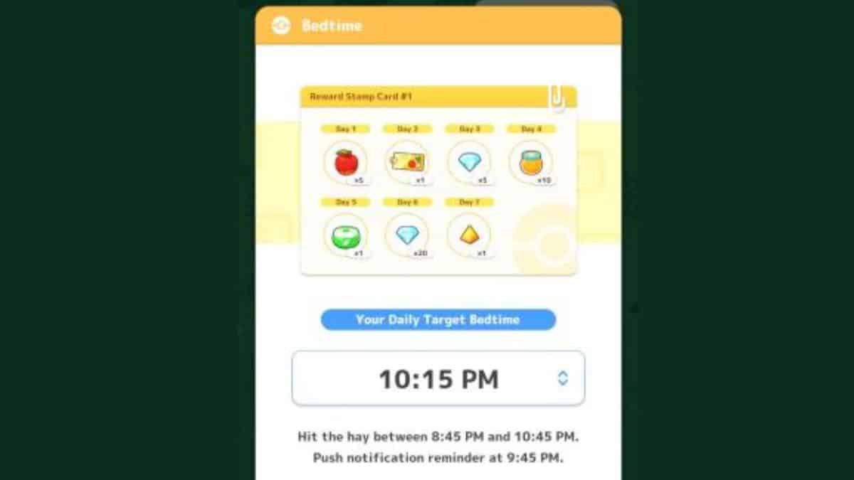 A screenshot demonstrating how to change bedtime in the Animal Crossing app.