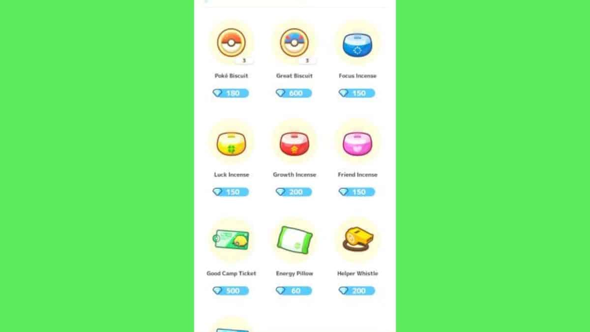 A screenshot of an app displaying various items alongside a guide on how to make Pokémon happy.