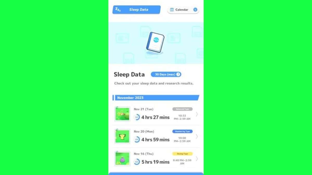 A screen shot of a mobile app with a green background featuring Pokemon Sleep.