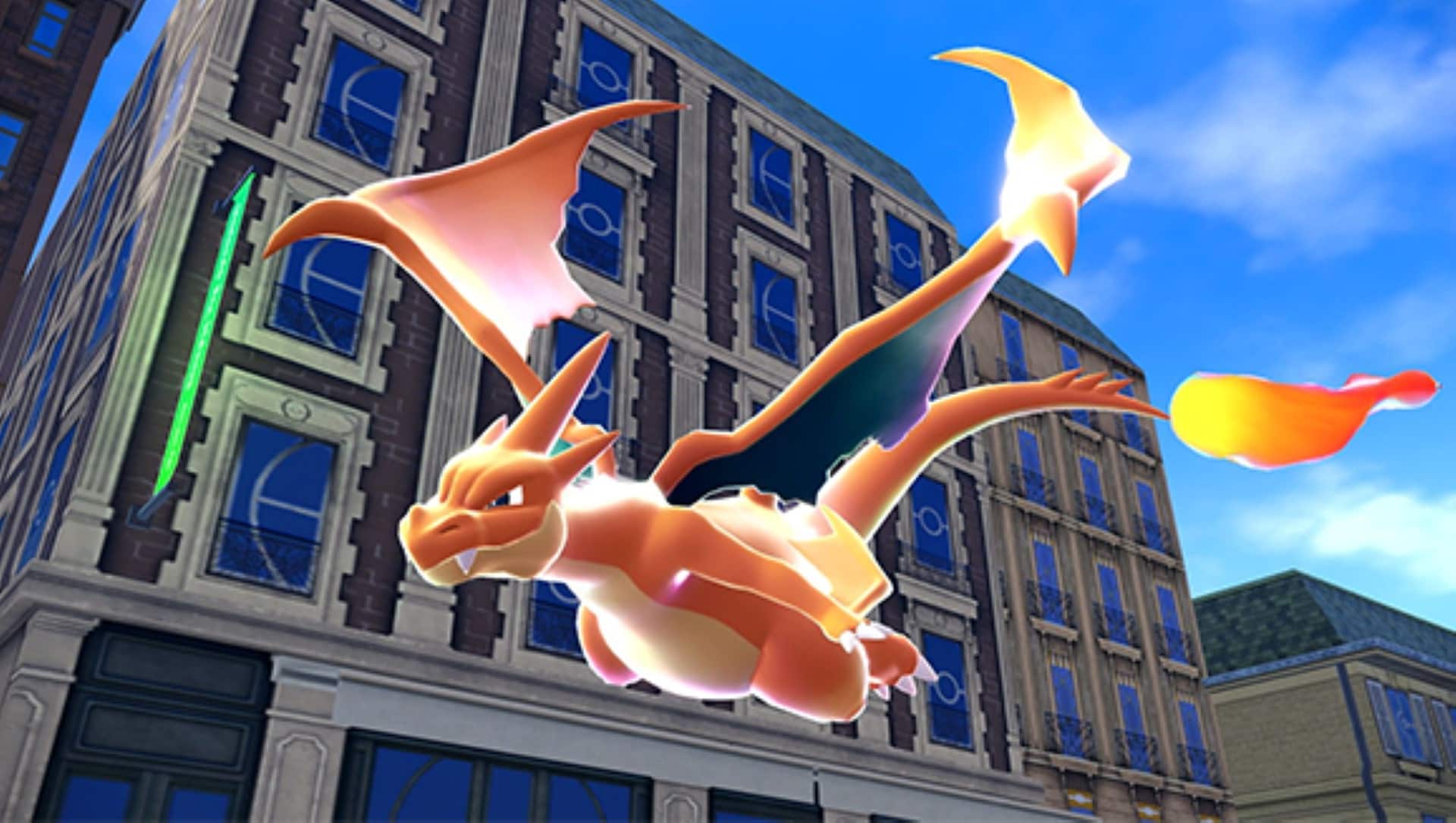 Charizard flying over Lumiose City in Pokémon Legends Z-A
