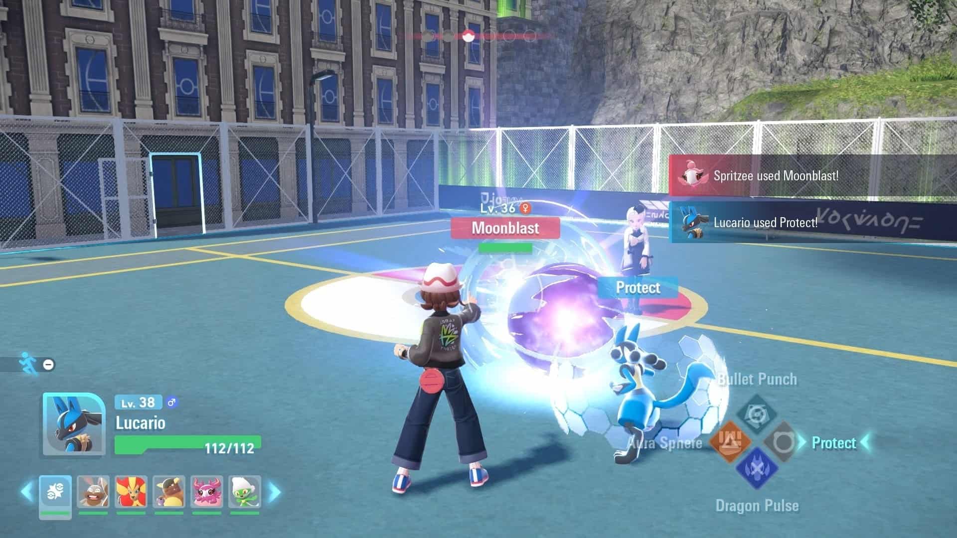 Lucario defends against Spritzee’s Moonblast in Pokémon Legends Z-A battle