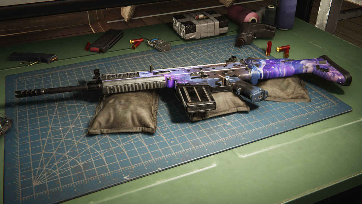 Power Surge Once Human: A gun on a weapon bench with magical camo from a game.