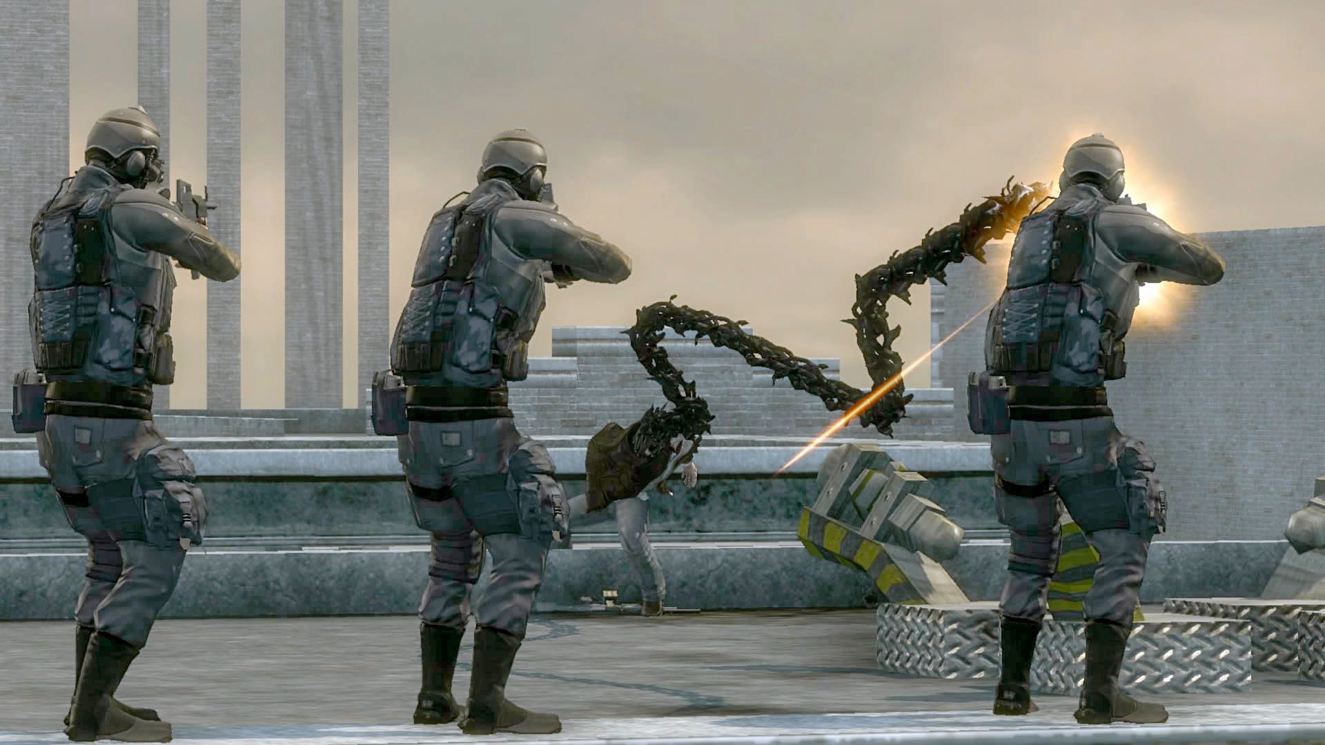Prototype screenshot with Alex Mercer fighting heavily armed soldiers in a chaotic street battle, representing the mix of superpowers and conventional gunplay.