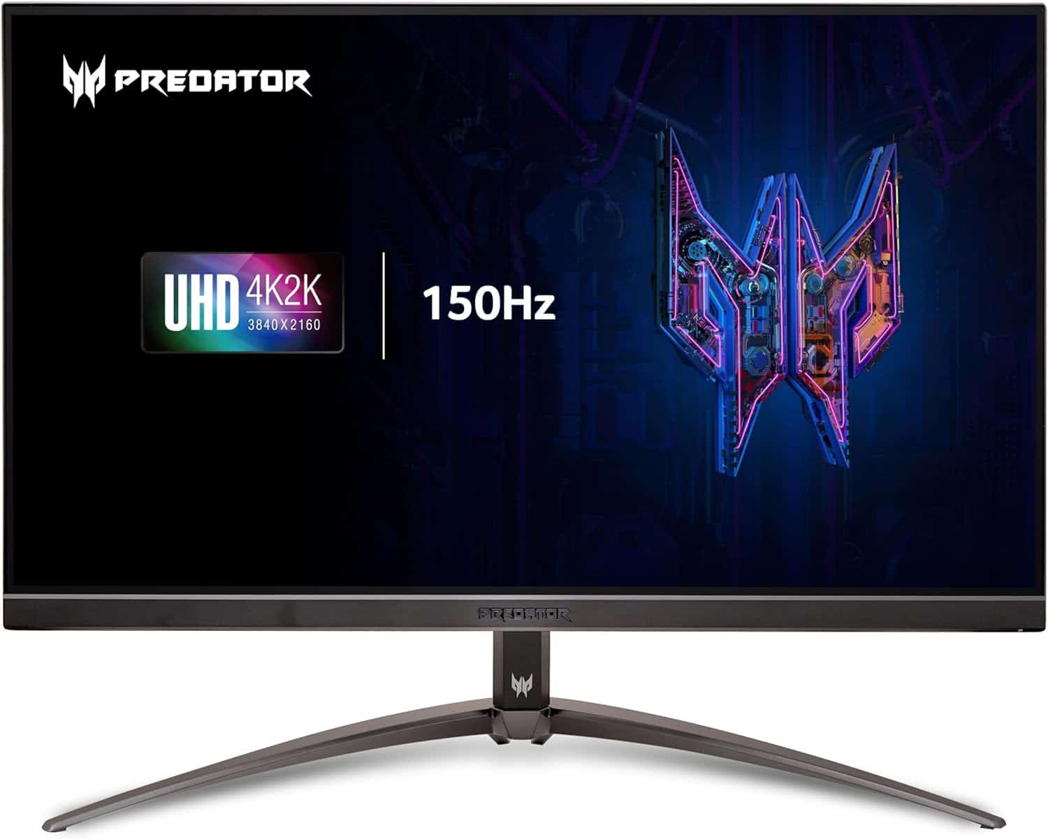 An Acer Predator XB283K monitor with a predator logo on it.