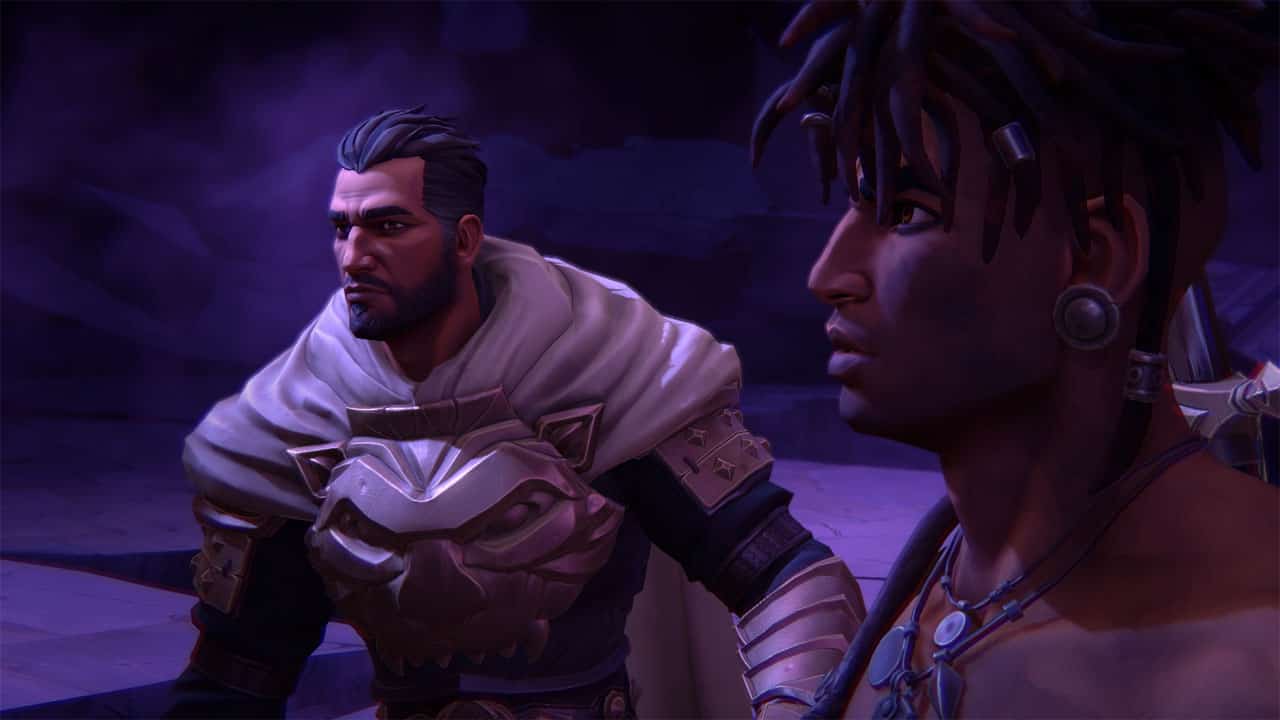 Two characters in Prince of Persia standing in front of each other in a video game.