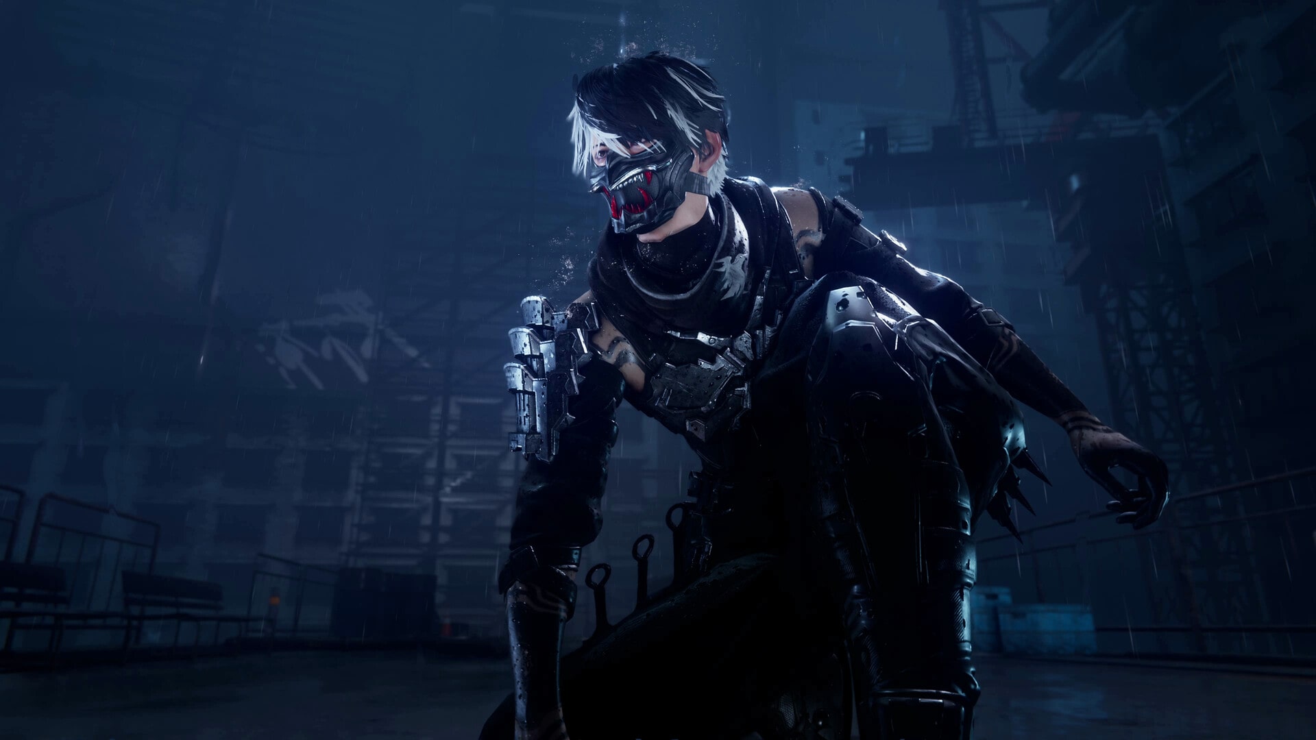 A masked fighter wearing dark armor crouches in the rain under dim blue city lights in Project Mugen.
