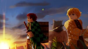 Project Slayers codes: Three characters looking at a sunset. Image via Roblox.