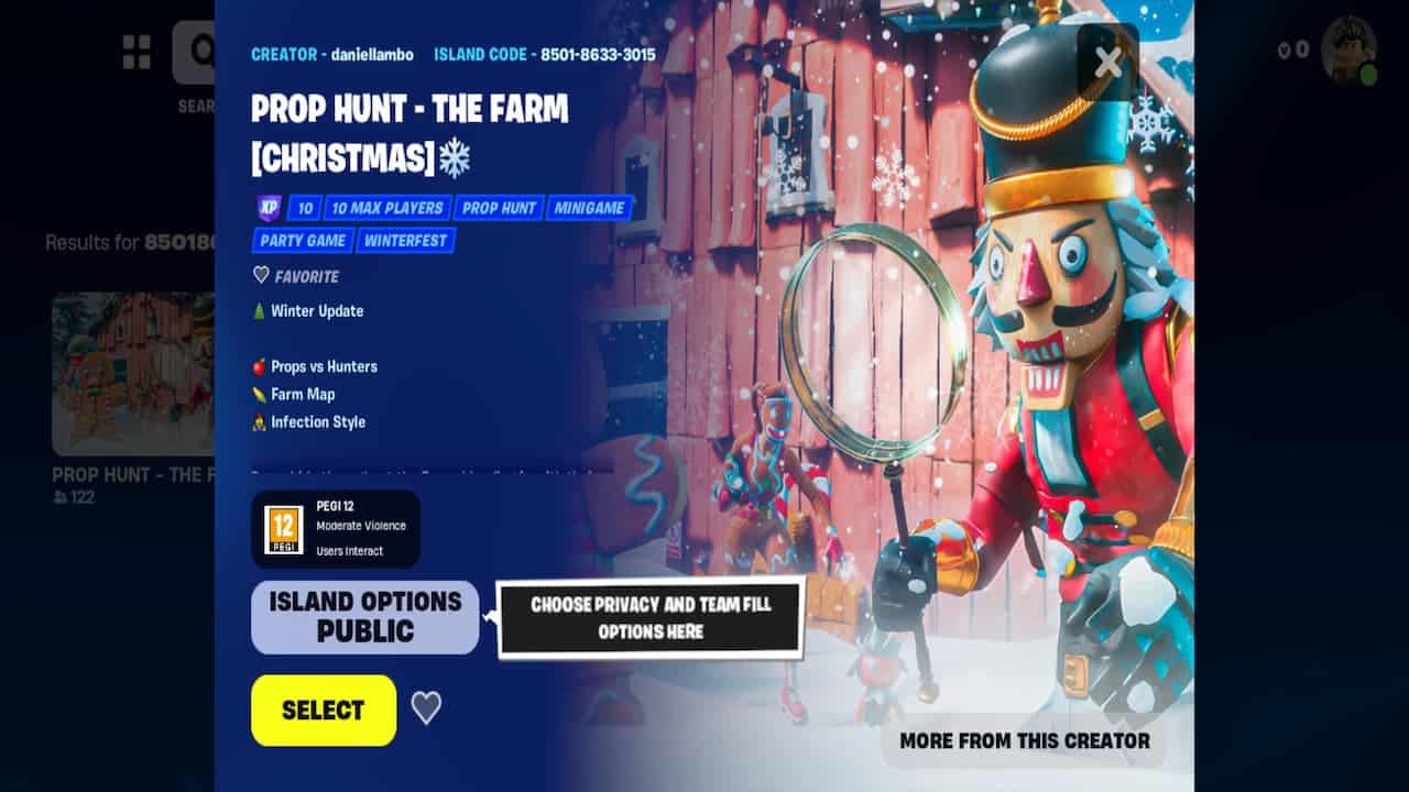 A festive screenshot of the prop hunt the farm, one of the best Prop Hunt Fortnite Codes