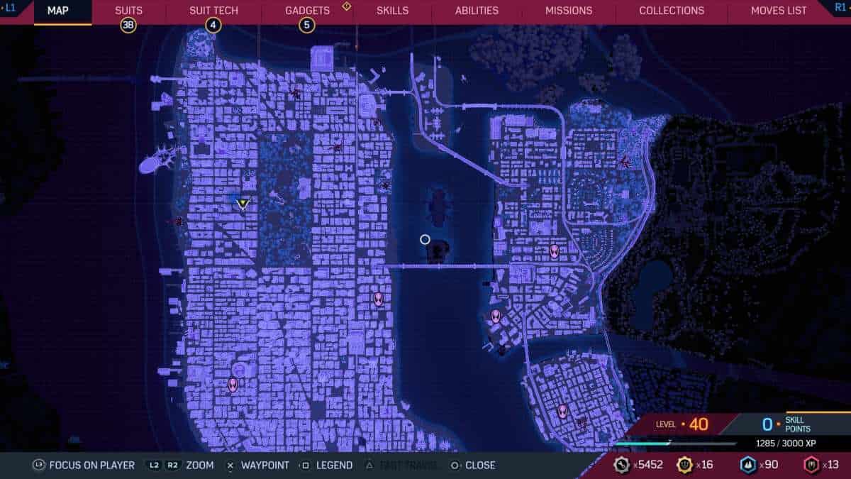 A screenshot of Spider-Man 2's city map showing Prowler Stash locations and completion tips.