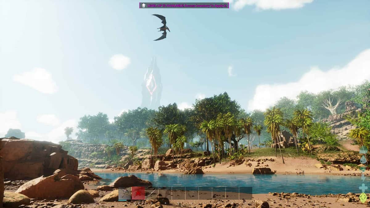 Pterodactyl flying across an island in ark survival ascended