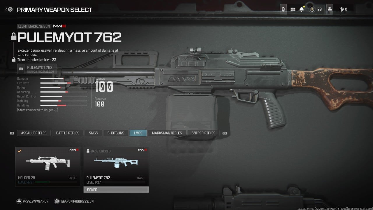 A screenshot showcasing attachments on the best Pulemyot 762 loadout in MW3 beta.