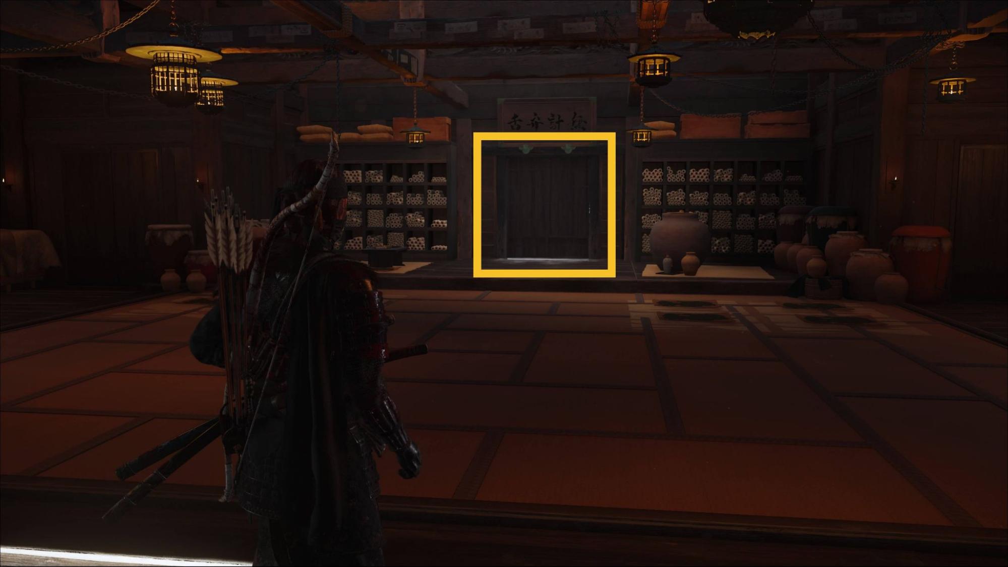 Interior of Ghost of Yotei Snow’s Drift Hideout with a closed door ahead