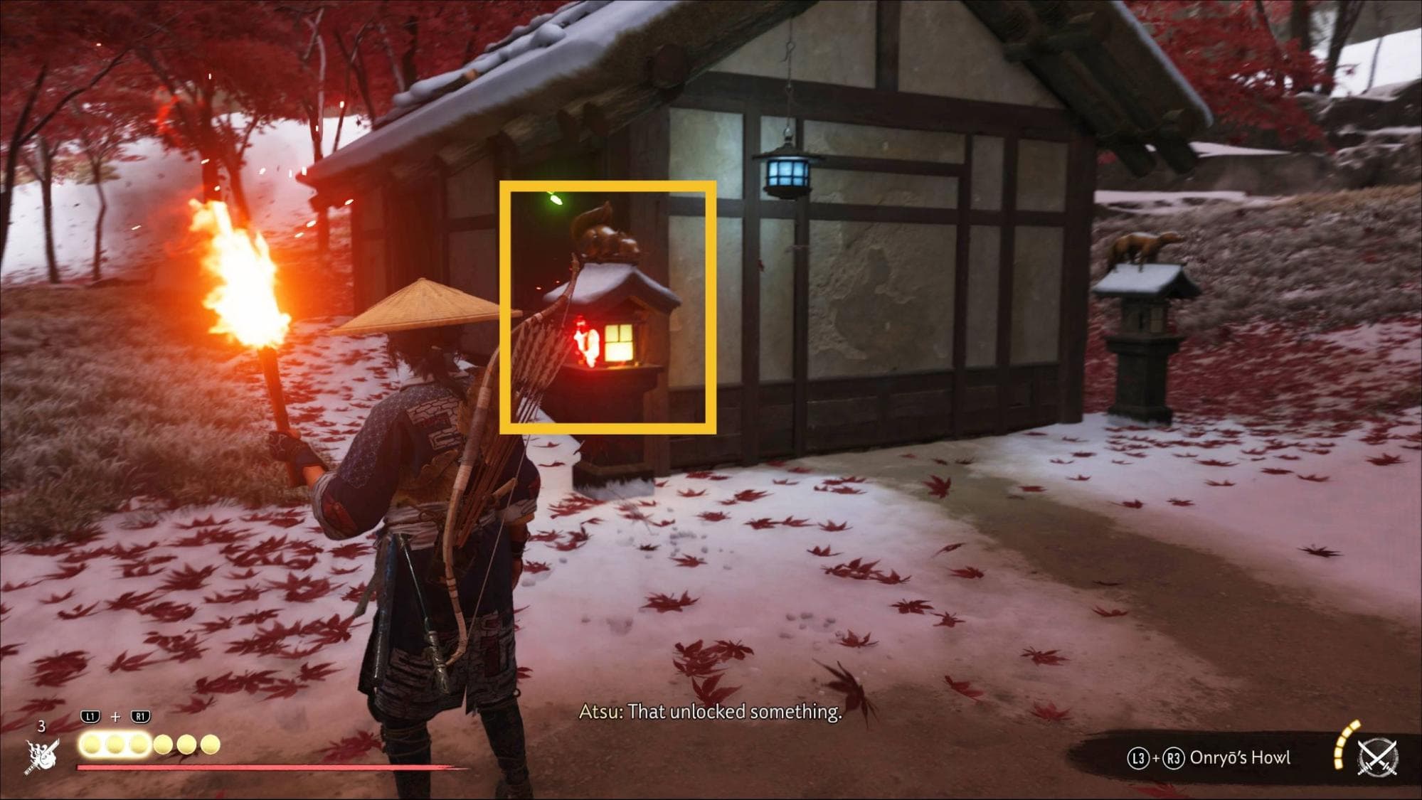 Lighting the final lantern to open the Closed-Off Building in Ghost of Yotei after solving the fox puzzle