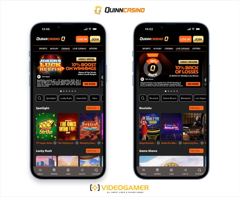 Images of a mobile phone showing the live casino section of the Quinnbet casino