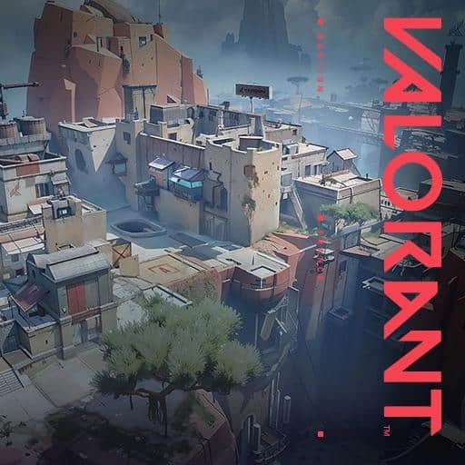 A promotional graphic for Valorant, featuring a stylized illustration of an urban map environment.